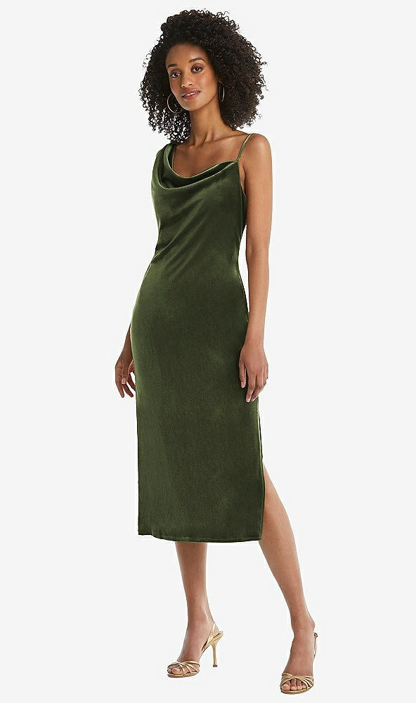 Front View - Olive Green Asymmetrical One-Shoulder Velvet Midi Slip Dress