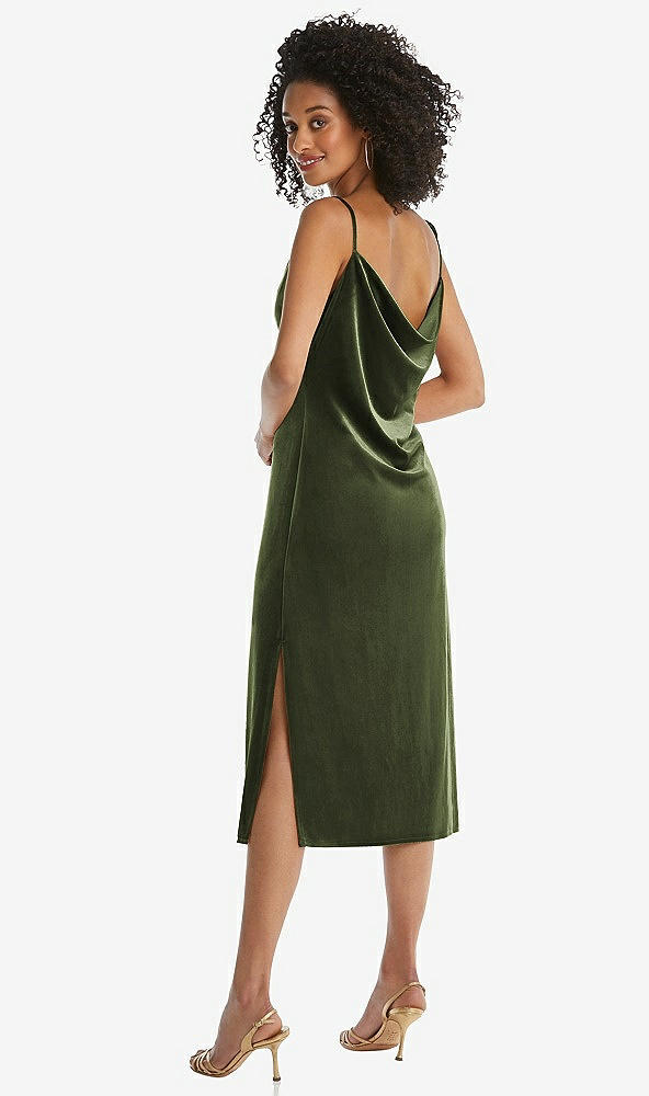 Back View - Olive Green Asymmetrical One-Shoulder Velvet Midi Slip Dress