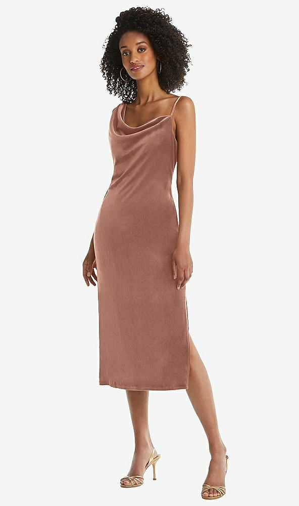Front View - Tawny Rose Asymmetrical One-Shoulder Velvet Midi Slip Dress