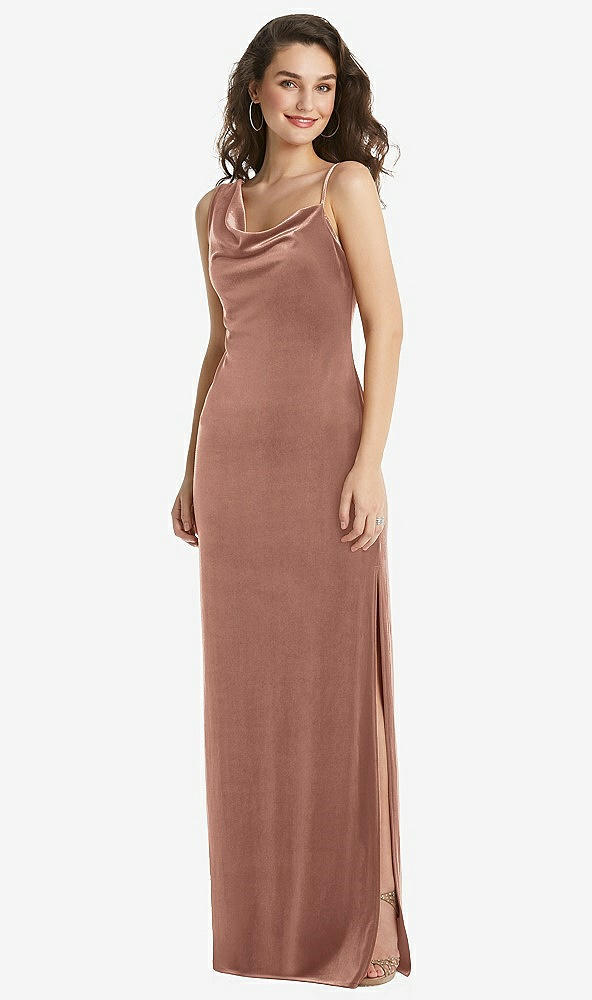 Front View - Tawny Rose Asymmetrical One-Shoulder Velvet Maxi Slip Dress