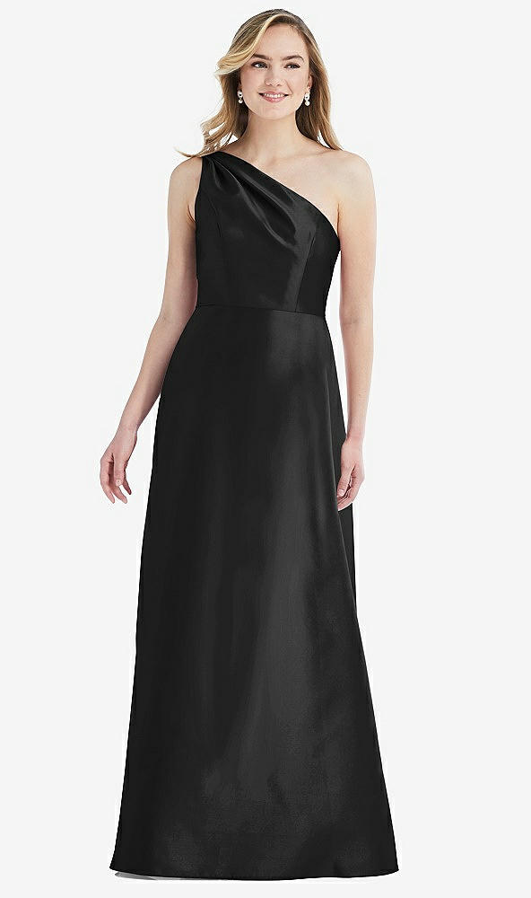 Front View - Black Pleated Draped One-Shoulder Satin Maxi Dress with Pockets