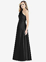 Side View Thumbnail - Black Pleated Draped One-Shoulder Satin Maxi Dress with Pockets