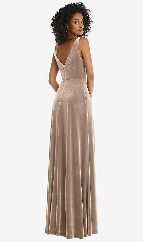 Back View - Topaz Velvet Maxi Dress with Shirred Bodice and Front Slit