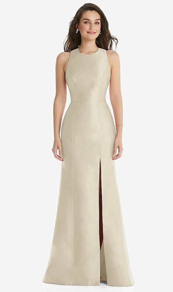 Front View - Champagne Jewel Neck Bowed Open-Back Trumpet Dress with Front Slit