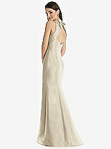 Rear View Thumbnail - Champagne Jewel Neck Bowed Open-Back Trumpet Dress with Front Slit