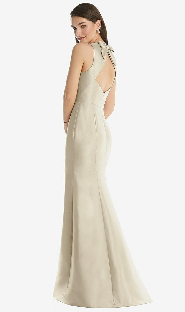 Back View - Champagne Jewel Neck Bowed Open-Back Trumpet Dress with Front Slit