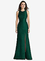 Front View Thumbnail - Hunter Green Jewel Neck Bowed Open-Back Trumpet Dress with Front Slit