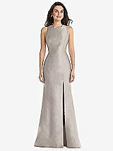 Front View Thumbnail - Taupe Jewel Neck Bowed Open-Back Trumpet Dress with Front Slit
