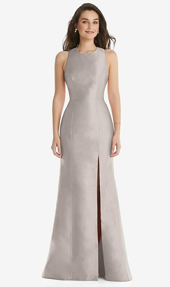 Front View - Taupe Jewel Neck Bowed Open-Back Trumpet Dress with Front Slit