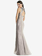 Rear View Thumbnail - Taupe Jewel Neck Bowed Open-Back Trumpet Dress with Front Slit