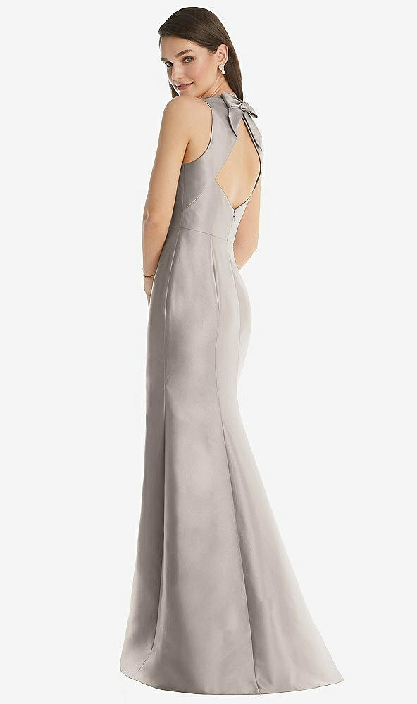 Back View - Taupe Jewel Neck Bowed Open-Back Trumpet Dress with Front Slit