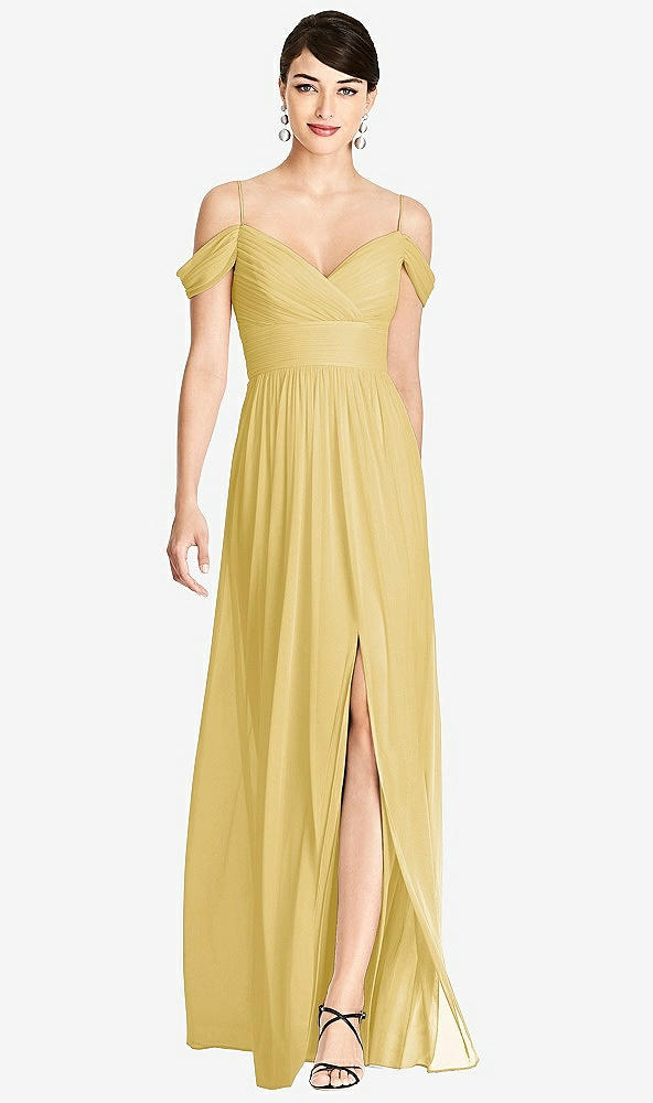 Front View - Maize Pleated Off-the-Shoulder Crossover Bodice Maxi Dress