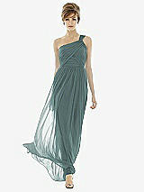 Front View Thumbnail - Smoke Blue One-Shoulder Asymmetrical Draped Wrap Maxi Dress