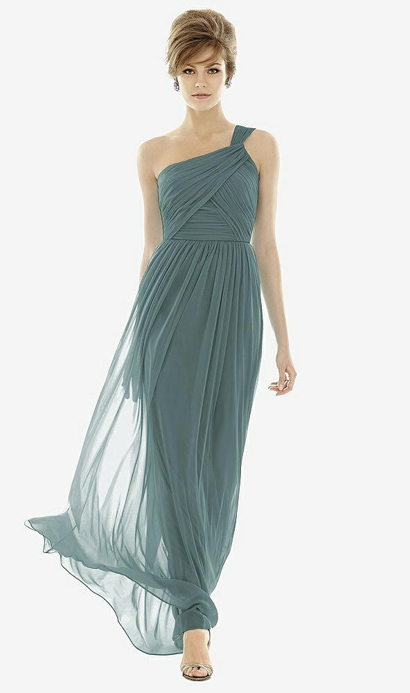 Front View - Smoke Blue One-Shoulder Asymmetrical Draped Wrap Maxi Dress
