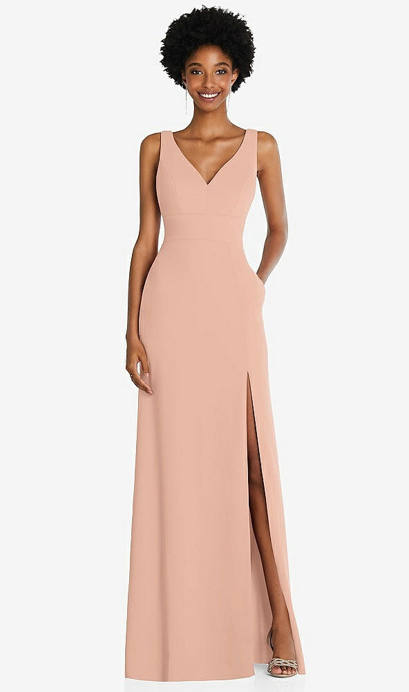 Front View - Pale Peach Square Low-Back A-Line Dress with Front Slit and Pockets