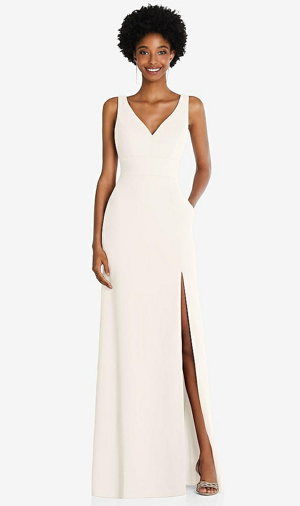Front View - Ivory Square Low-Back A-Line Dress with Front Slit and Pockets