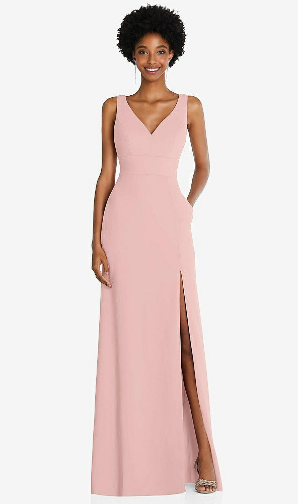 Front View - Rose - PANTONE Rose Quartz Square Low-Back A-Line Dress with Front Slit and Pockets