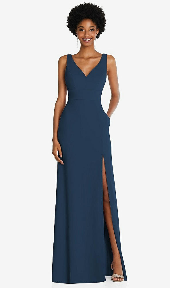 Front View - Sofia Blue Square Low-Back A-Line Dress with Front Slit and Pockets