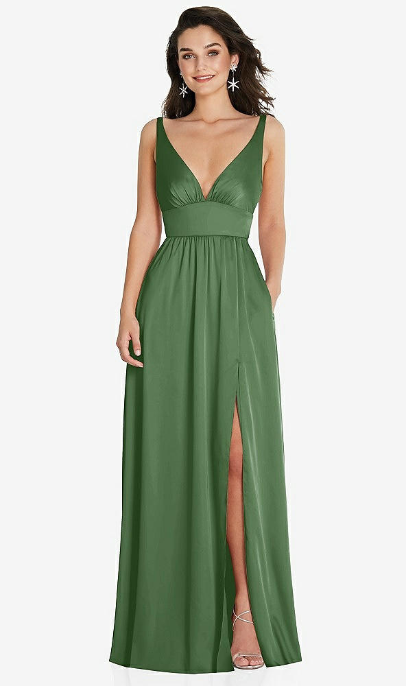 Front View - Vineyard Green Deep V-Neck Shirred Skirt Maxi Dress with Convertible Straps