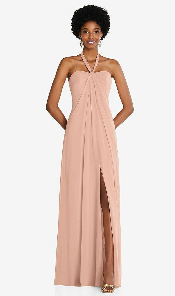 Front View - Pale Peach Draped Chiffon Grecian Column Gown with Convertible Straps