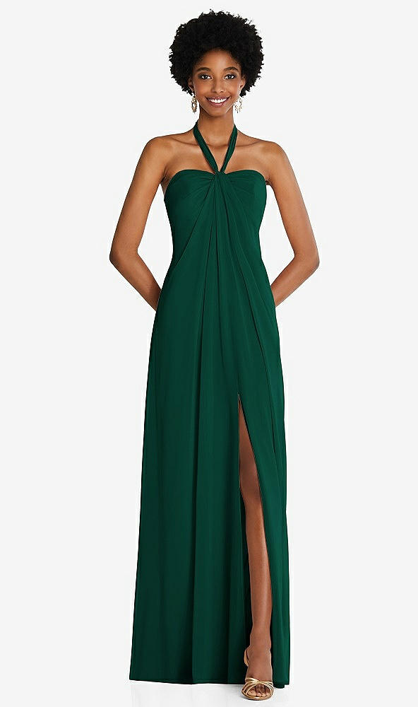 Front View - Hunter Green Draped Chiffon Grecian Column Gown with Convertible Straps