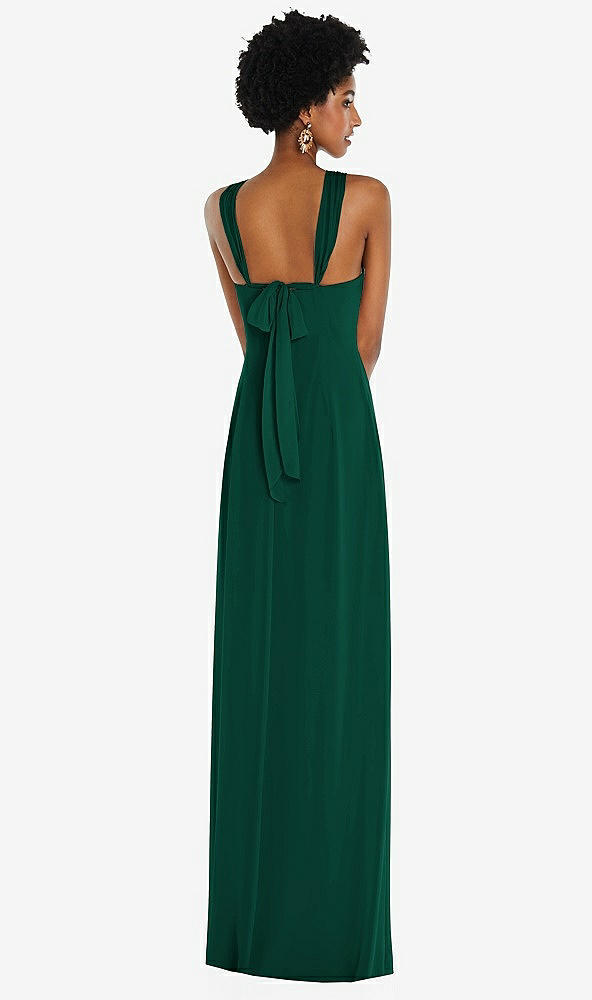 Back View - Hunter Green Draped Chiffon Grecian Column Gown with Convertible Straps