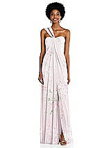 Alt View 1 Thumbnail - Watercolor Print Draped Chiffon Grecian Column Gown with Convertible Straps
