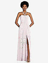 Front View Thumbnail - Watercolor Print Draped Chiffon Grecian Column Gown with Convertible Straps