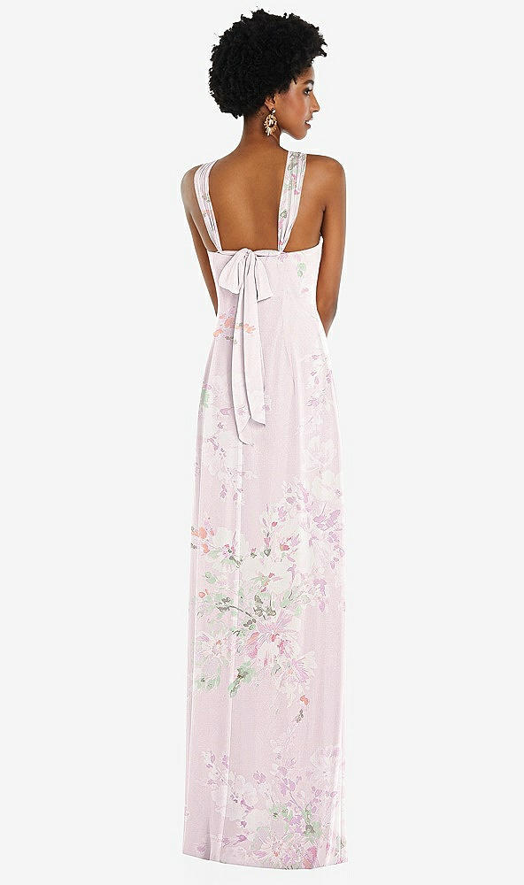 Back View - Watercolor Print Draped Chiffon Grecian Column Gown with Convertible Straps