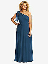 Front View Thumbnail - Dusk Blue Draped One-Shoulder Maxi Dress with Scarf Bow