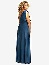 Rear View Thumbnail - Dusk Blue Draped One-Shoulder Maxi Dress with Scarf Bow