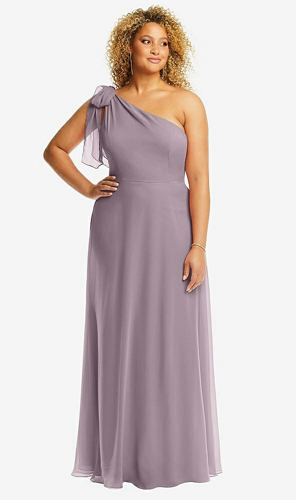 Front View - Lilac Dusk Draped One-Shoulder Maxi Dress with Scarf Bow