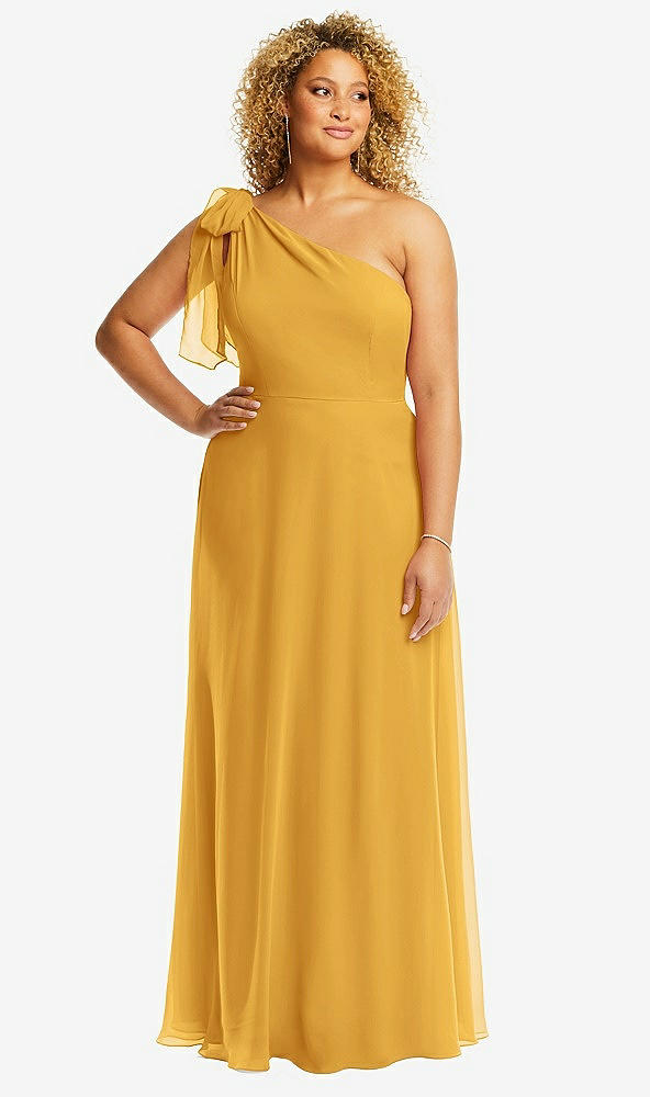 Front View - NYC Yellow Draped One-Shoulder Maxi Dress with Scarf Bow