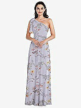 Alt View 1 Thumbnail - Butterfly Botanica Silver Dove Draped One-Shoulder Maxi Dress with Scarf Bow