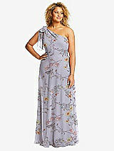 Front View Thumbnail - Butterfly Botanica Silver Dove Draped One-Shoulder Maxi Dress with Scarf Bow