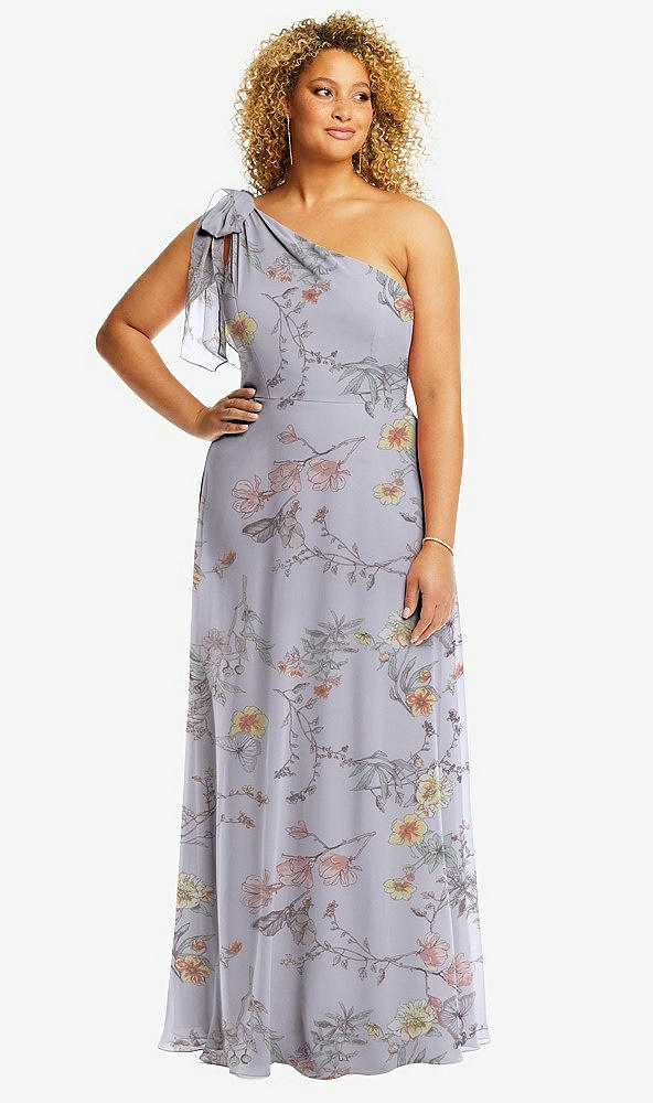 Front View - Butterfly Botanica Silver Dove Draped One-Shoulder Maxi Dress with Scarf Bow