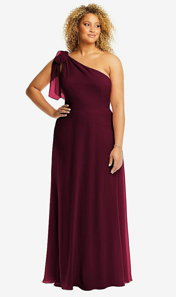Front View - Cabernet Draped One-Shoulder Maxi Dress with Scarf Bow