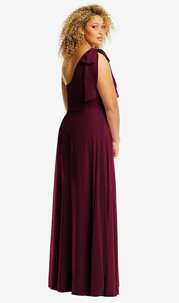 Back View - Cabernet Draped One-Shoulder Maxi Dress with Scarf Bow