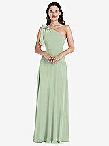 Alt View 1 Thumbnail - Celadon Draped One-Shoulder Maxi Dress with Scarf Bow
