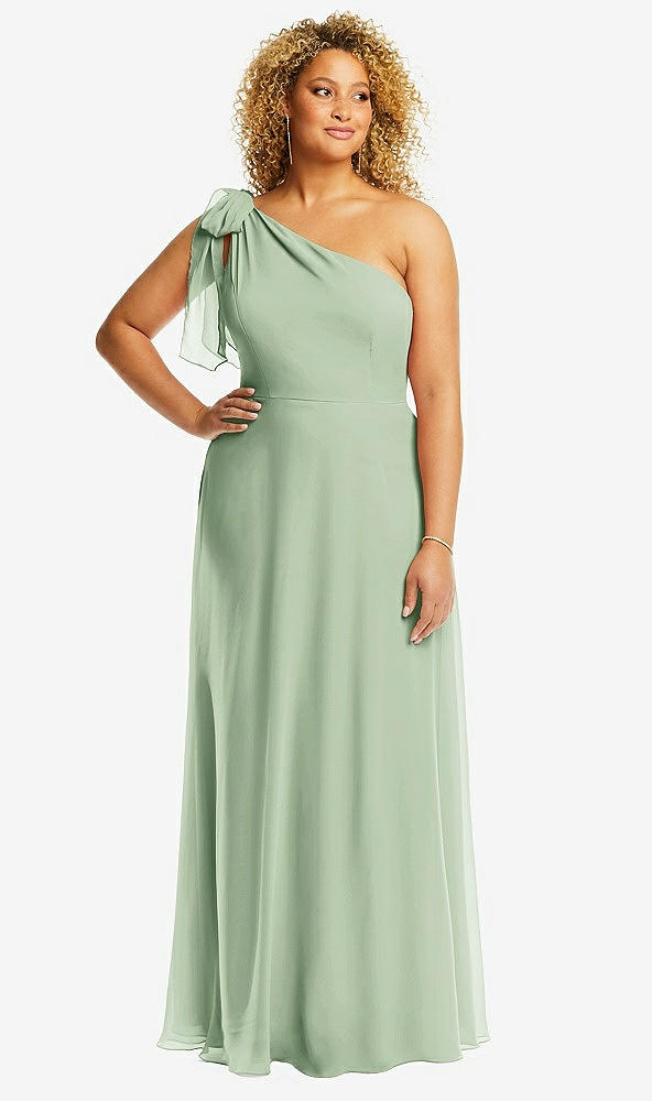 Front View - Celadon Draped One-Shoulder Maxi Dress with Scarf Bow