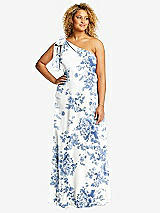Front View Thumbnail - Cottage Rose Dusk Blue Draped One-Shoulder Maxi Dress with Scarf Bow