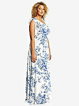 Side View Thumbnail - Cottage Rose Dusk Blue Draped One-Shoulder Maxi Dress with Scarf Bow