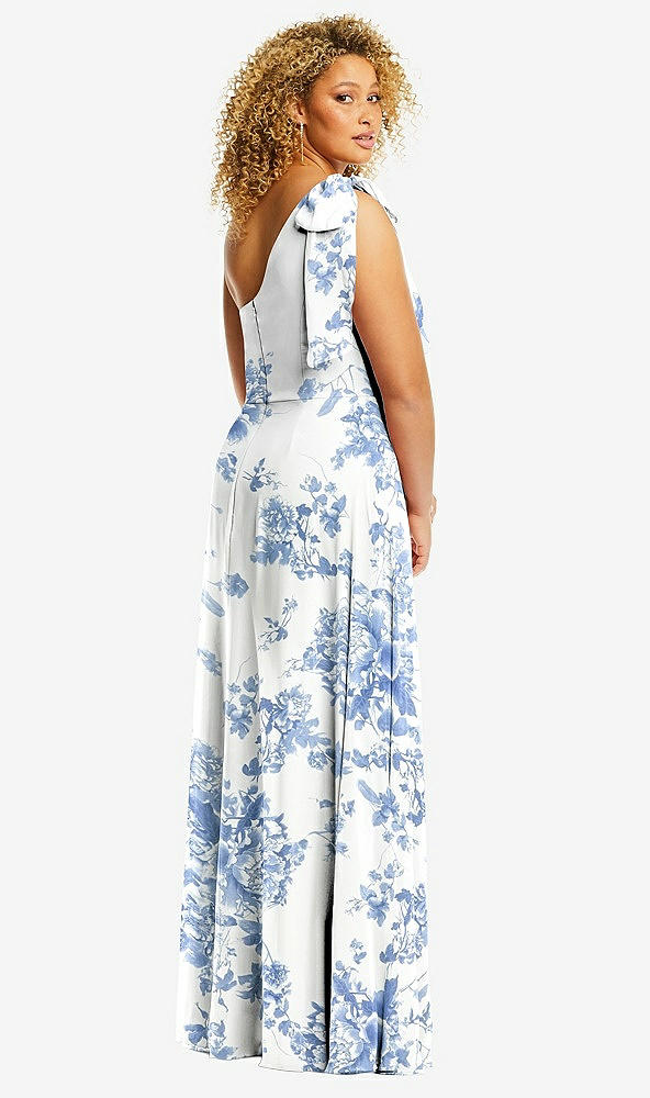 Back View - Cottage Rose Dusk Blue Draped One-Shoulder Maxi Dress with Scarf Bow