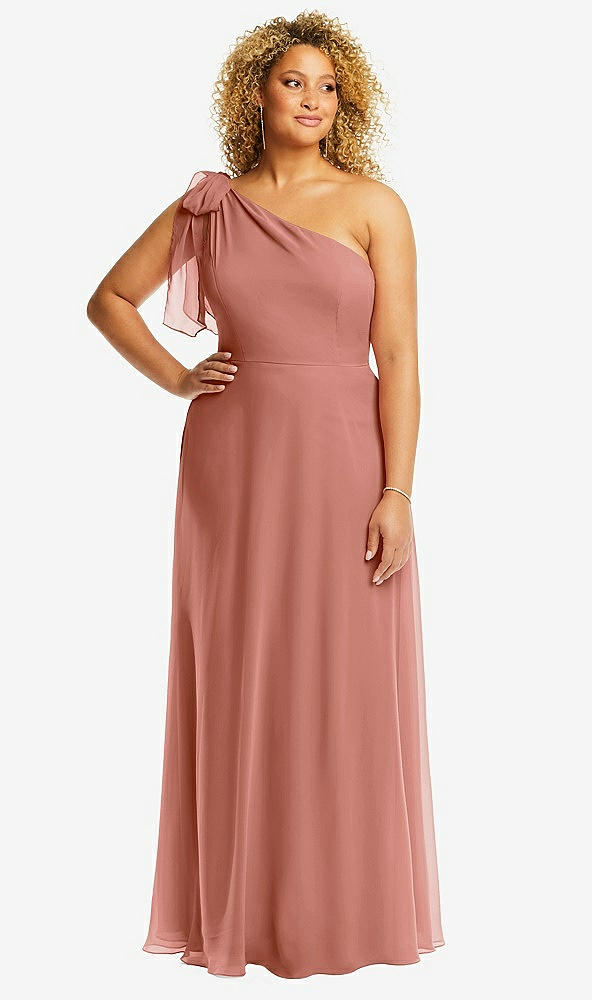 Front View - Desert Rose Draped One-Shoulder Maxi Dress with Scarf Bow