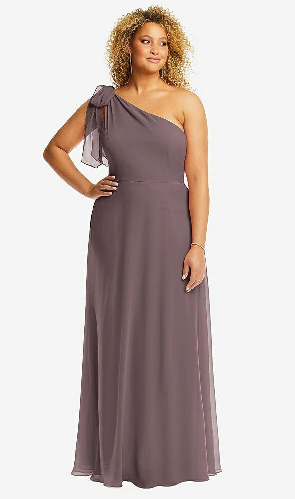 Front View - French Truffle Draped One-Shoulder Maxi Dress with Scarf Bow