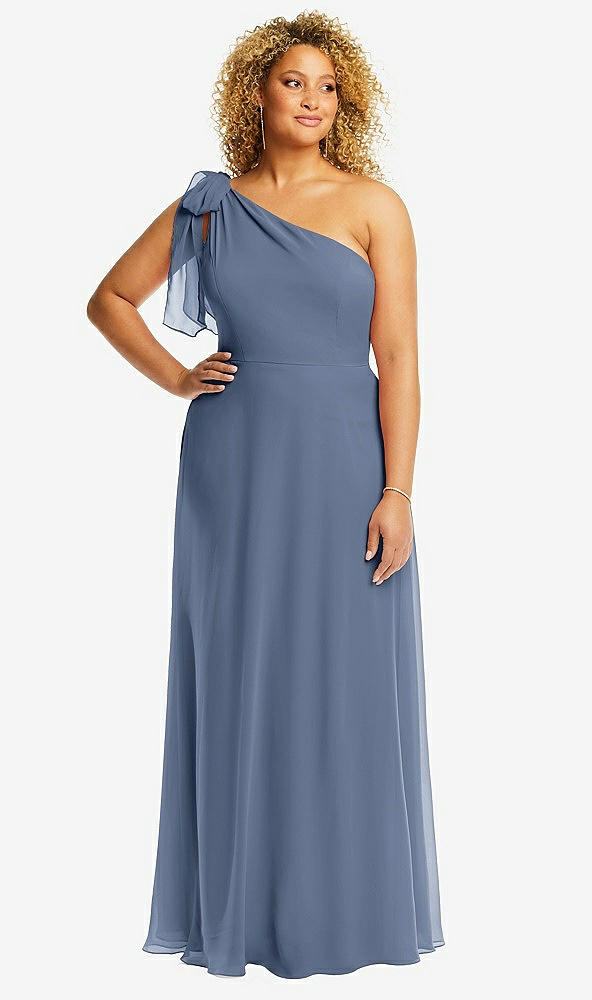Front View - Larkspur Blue Draped One-Shoulder Maxi Dress with Scarf Bow