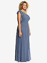 Side View Thumbnail - Larkspur Blue Draped One-Shoulder Maxi Dress with Scarf Bow