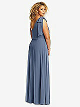 Rear View Thumbnail - Larkspur Blue Draped One-Shoulder Maxi Dress with Scarf Bow