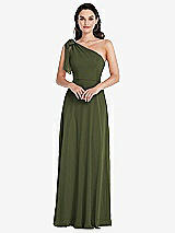 Alt View 1 Thumbnail - Olive Green Draped One-Shoulder Maxi Dress with Scarf Bow