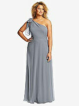 Front View Thumbnail - Platinum Draped One-Shoulder Maxi Dress with Scarf Bow